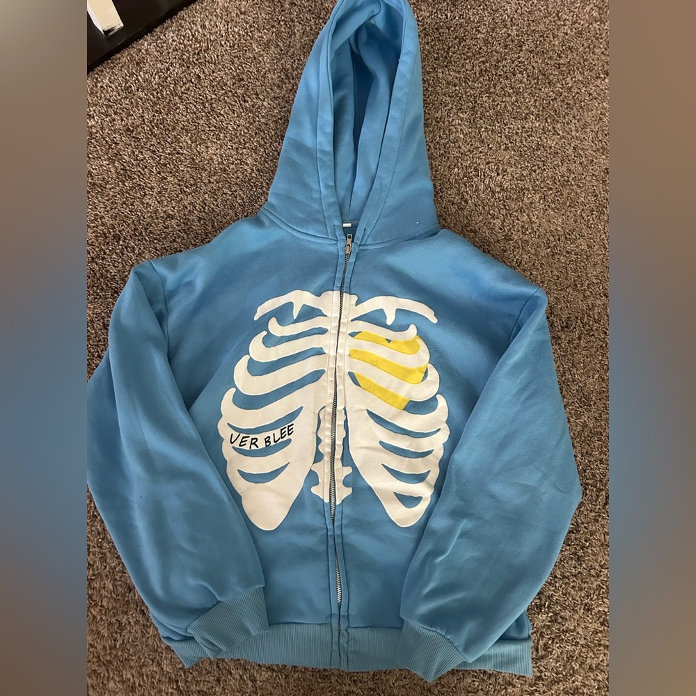 Blue Hoodie with Skeleton Print